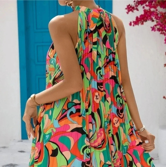 Multicolor Boho Womens Allover Print Tie Back Halter Dress - Picture 3 of 5